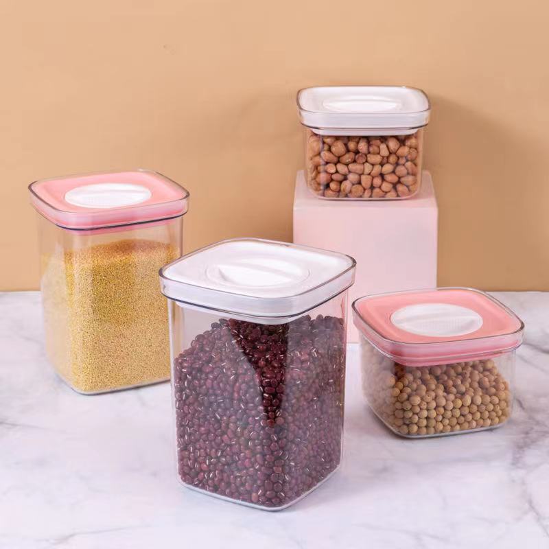 Latas de plástico transparente con tapa rosa, tarros sellados grandes, medianos y pequeños, tanque de grano para cocina, contenedor de almacenamiento de alimentos, gran oferta