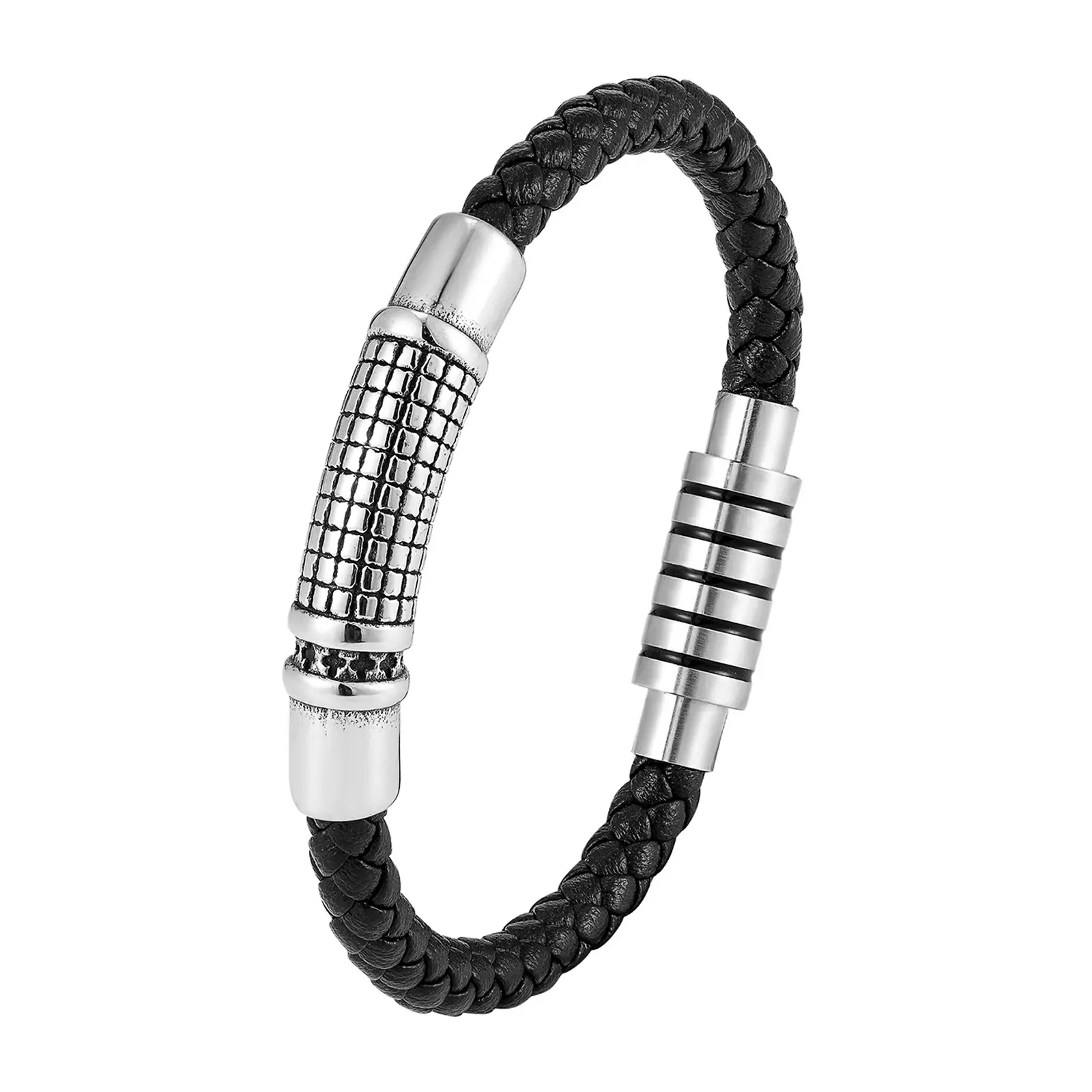 Bracelet tressé en argent de luxe en gros triple tour en acier inoxydable fermoir magnétique tissé bracelet en cuir véritable pour la fête des hommes