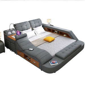 Factory Wholesale Hot Sale Multifunction Storage Bed with Massage Music Design of Leather Bed Solid Wood Frame