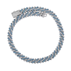 Europäischer und Amerikanischer Hip-Hop-Schmuck 10mm Messing-Krappenfassung Blaue & Weiße CZ-Steine Modisches Kubanisches Gliederarmband und Halskette - Product Image 5