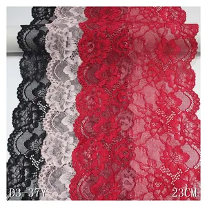 Romantic Black Red Flower Elastic Lace Trim 23cm Spandex Nylon Stretch Lace Fabric For Lingerie