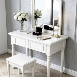 Premium Solid Wood <b>Dressing</b> <b>Table</b> Set with <b>Mirror</b> & Stool, 2 Drawers Storage White <b>Vanity</b> Desk for Bedroom Home Furniture <b>Table</b> - Product Image 1