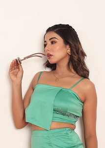 Top con solapa de diamantes de imitación verdes para mujer, elegante, chic, a la moda, para fiestas, eventos nocturnos, verano. - Product Image 5