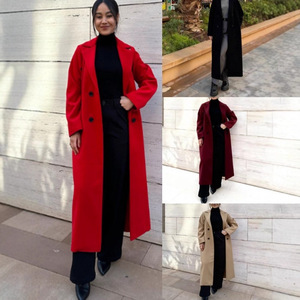Manteau long en laine unie pour femme, épaisseur moyenne, chaud, coupe droite, simple boutonnage, deux boutons, automne-hiver - Product Image 1