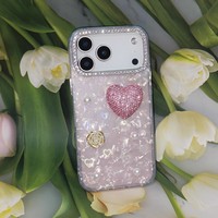 Étui de téléphone luxueux pour filles, coque 3D avec strass, cœur, rose, perle, holographique pour iPhone X à 18, Samsung, Redmi, OPPO, VIVO