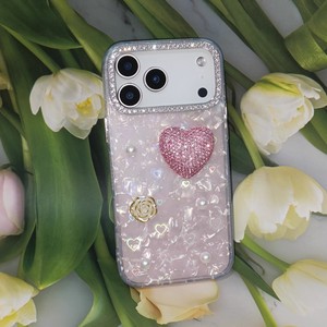 Custodia per telefono di lusso da ragazza, <span class=keywords><strong>con</strong></span> strass 3D, cuore, rosa, perla e guscio olografico per iPhone X fino a 18, Samsung, Redmi, <span class=keywords><strong>OPPO</strong></span>, VIVO - Product Image 6