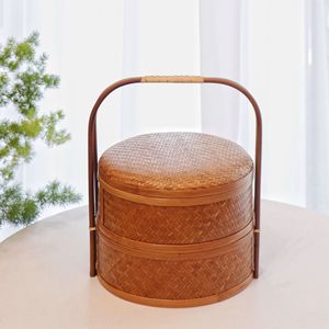 Handmade Double Layer <b>Bamboo</b> Basket Round Storage Box For Living Room Tea Set Food <b>Container</b> Gift Woven Basket - Product Image 1