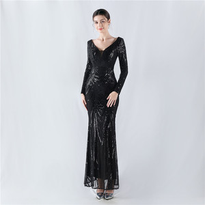 Nouvelle <span class=keywords><strong>Robe</strong></span> de Soirée Haut de Gamme à Manches Longues, Entièrement Ornée de Fleurs et de Paillettes, pour Hiver et Réunions Annuelles, pour Hôtesse - Product Image 1