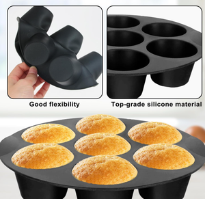 Molde de silicona redondo de 7 cavidades para hornear cupcakes y tartaletas, reutilizable, apto para freír al aire, juego de utensilios de silicona para hornear para horno y nevera. - Product Image 5