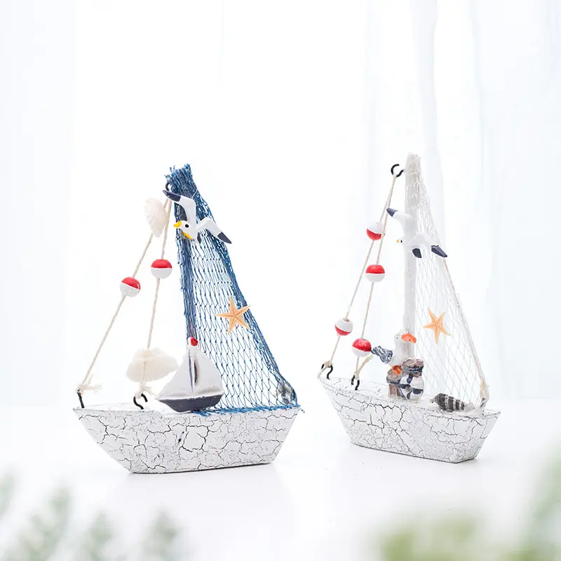 14cm地中海航海ホームバスルームデスク装飾ビーチ小さな木の彫刻工芸品木製モデルヨット帆船船
