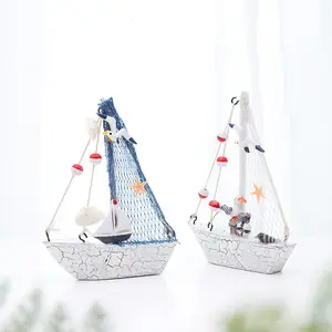 14Cm Mediterraan Nautisch Huis Badkamer Bureau Decor Strand Kleine Houten Sculptuur Ambachten Houten Model Zeilboot Boot Schip