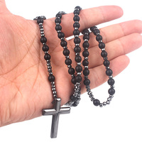 Nouvelle Mode Simple Croix Pendentif Collier avec Long Noir Flash Mat Agate Gallstone Style Religieux Chandail Chaîne Accessoires