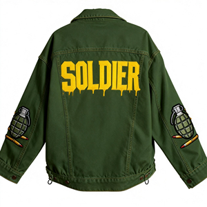 Chaqueta Vaquera Gris Extra Grande Personalizada con Bordado de Llamas |   Chaqueta Urbana de Estilo Graffiti con Parche Trasero para Hombre/Mujer - Product Image 3