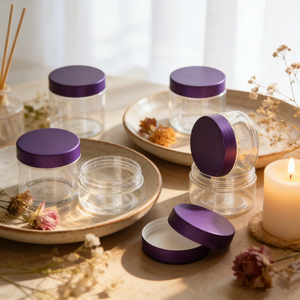 Pots en <span class=keywords><strong>plastique</strong></span> PET givrés vides de 50g-250g (6oz-8oz) pour crème cosmétique et beurre corporel, avec bouchon à vis rose doré et violet - Product Image 5