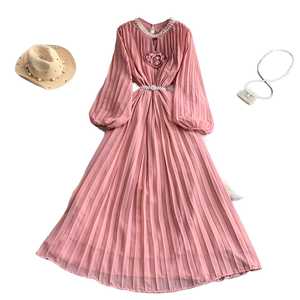 Robes d'été <span class=keywords><strong>élégante</strong></span>s pour femmes manches lanterne mode tempérament taille jupe longue plissée rétro grande balançoire robe à col rond - Product Image 2