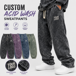 Pantalon de jogging homme coupe ample en molleton épais, délavé à l'acide, avec logo brodé, style streetwear vintage - Product Image 1
