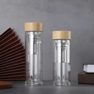 环保产品2024定制标志双壁玻璃瓶制造商销售竹盖泡茶水瓶