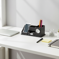 Organisateur de bureau en cuir PU LG-B050 pour stylos/crayons, boîte de rangement multifonction pour téléphone portable/télécommande avec HORLOGE, fournitures de bureau