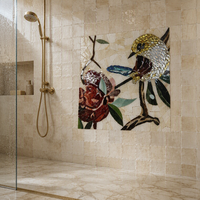 Mural Mosaik Seni Kaca Buatan Tangan Khusus dengan Motif Burung, Bunga, dan Batu untuk Dinding Fitur Villa, Hotel, dan Lobi