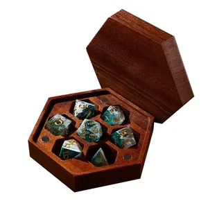 DND Dice Set with Wooden Box with Magnetic Lid for Storage 7 Dice Polygonal Sapele Case for D&D