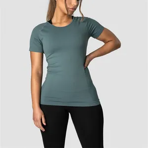 Camiseta de cuello redondo mercerizada para mujer, ropa deportiva personalizada, ajustada, lisa, de Fitness