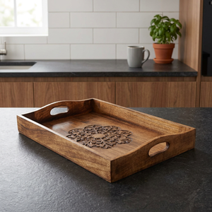 Handmade Decorative Wooden Serving <b>Tray</b> <b>Large</b> Rectangular with Handles & Decorative Floral Carving - Product Image 2