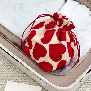 Heart Shaped Drawstring <b>Makeup</b> <b>Bag</b> Corduroy Travel Cosmetic Storage Pouch For Skincare Toiletries <b>Large</b> Capacity - Product Image 1