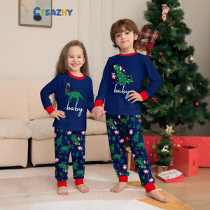 Cross-border zomerse zachte longsleeve dinosaurus letterprint ouder-kind set feestelijke loungewear/pyjama's ronde hals - Product Image 3