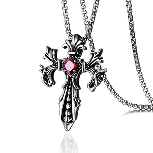Collar gótico vintage para hombre con cruz, colgante <span class=keywords><strong>de</strong></span> crucifijo ornamentado con flor-<span class=keywords><strong>de</strong></span>-<span class=keywords><strong>lis</strong></span> y gemas rojas y negras, joyería hip hop para motociclistas. - Product Image 1