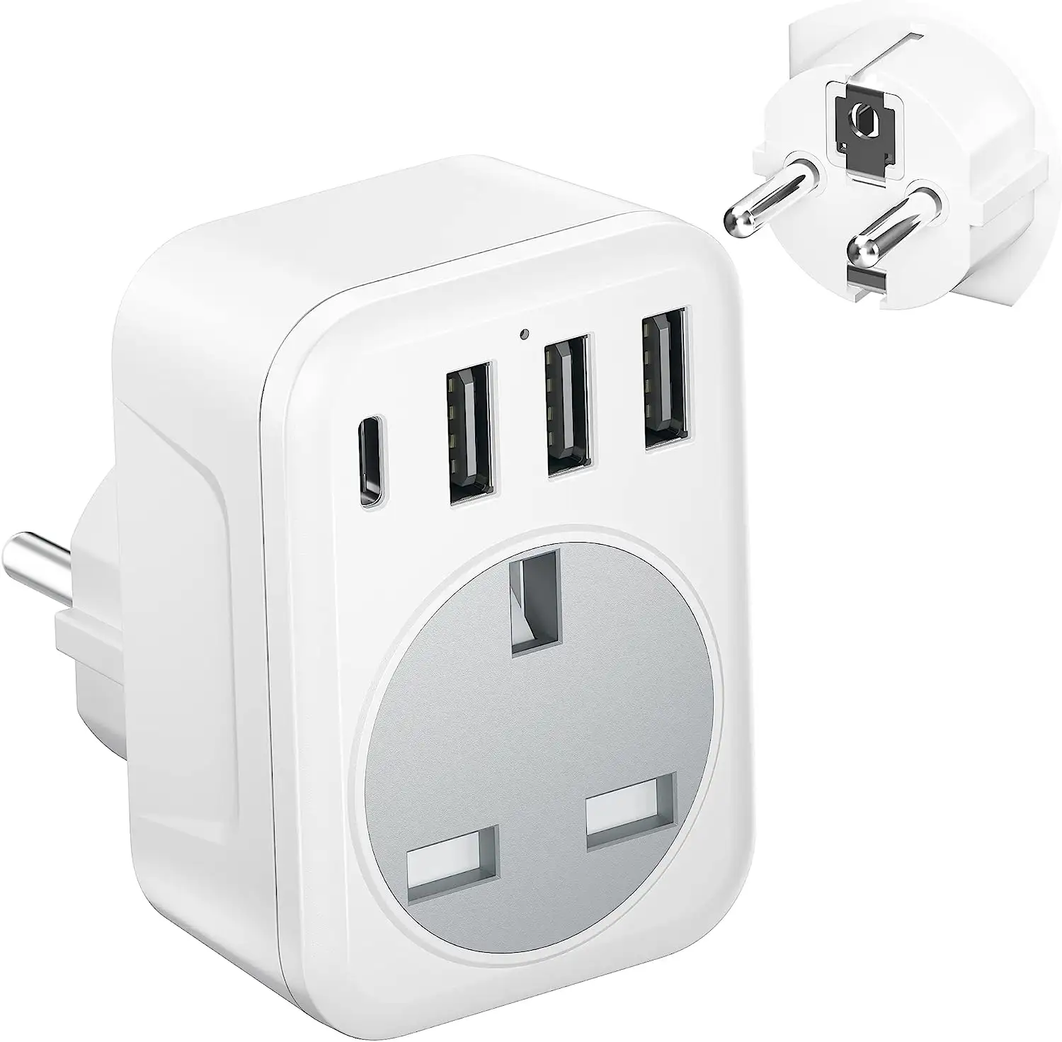 UK To European Plug Adapter Grounded European Travel Adapter With 3 USB-A 1 Type C Plug Adaptor