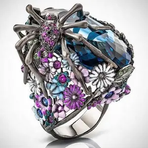 Распродажа, кольцо в стиле панк с крупным сапфиром, креативное кольцо в форме паука, масляная капельная Цветочная бижутерия
