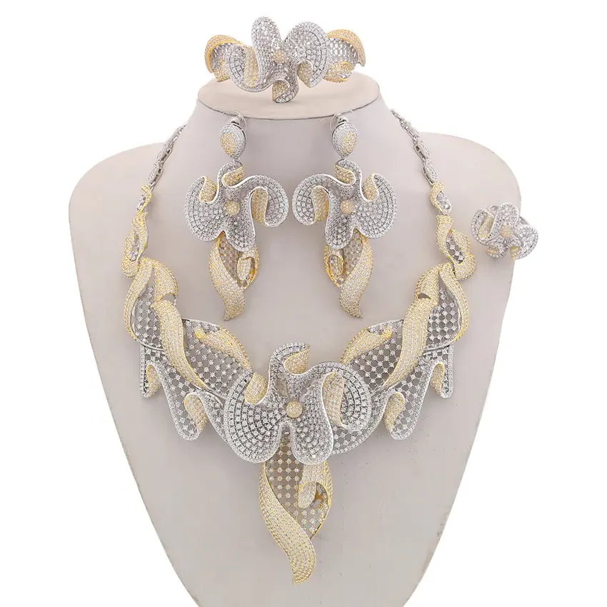 luxury gold women jewelry American diamond jewellery set zircons pave wedding jewelry set for bride