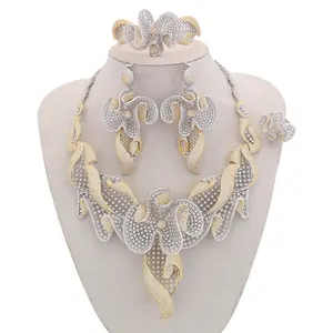 豪华黄金女性珠宝美国钻石珠宝套装锆石铺面婚礼珠宝套装新娘