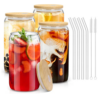 Vaso de Vidrio Transparente de Borosilicato de Alta Calidad de 12oz/16oz con Tapa de Bambú y Pajita, Apto para Microondas y Lavavajillas