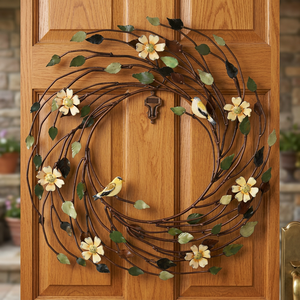 Corona de metal rústica con flores y pájaros, hecha a mano, decorativa para colgar en la pared, de forma redonda, sin iluminación, estilo artesanal. - Product Image 4