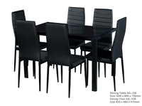 Ensemble de table et de chaises de banquet de haute qualité avec plateau en verre, moderne, noir, 6 places, solide, pour salle à manger