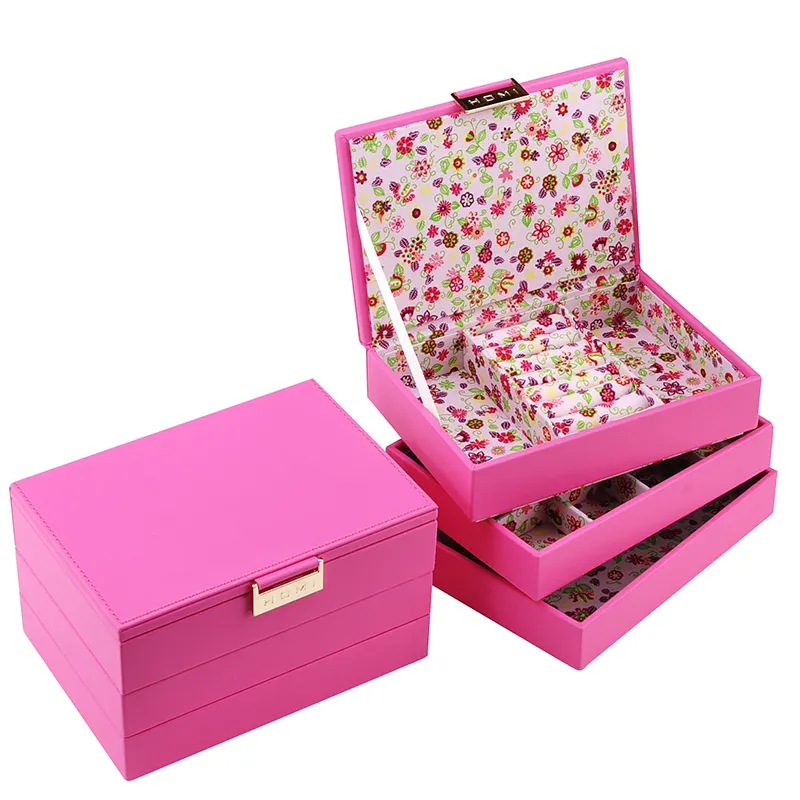 Popular Stackable Style Jewelry Storage Box with 3 Layers Tray Jewelry Organizer Make Custom Logo Leather Pink Elegant PACK