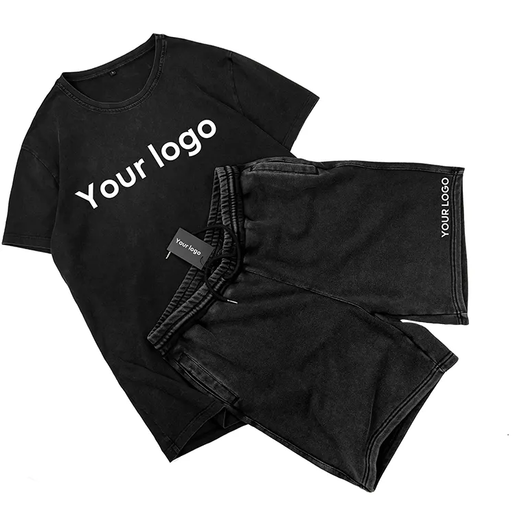 Streetwear camiseta e shorts unissex, lavado, destruído, verão, 2 peças