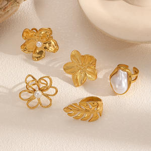 Floral Leaf <b>Titanium</b> Steel <b>Ring</b> For Women Pearl Inlay Geometric Design Everyday Wear Jewelry - Product Image 2