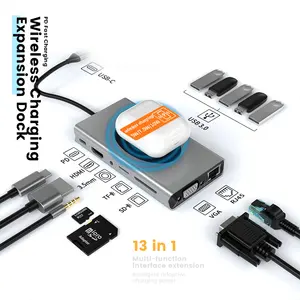 신제품 도킹 스테이션 USB C 허브 스마트 어댑터 10w 무선 충전기 유형 C USB 허브 도킹 13 in 1 유형 C 어댑터