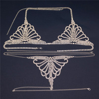 Ensemble de lingerie en chaîne papillon sexy Rhinestone, ensemble bijoux pour femmes, chaîne de corps en forme de cœur en or cristal, soutien-gorge et string, harnais 0836