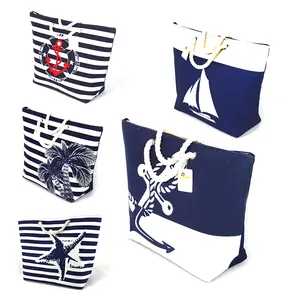 时尚女士定制海海军帆布拉链促销涤纶手提包棉绳手柄夏季沙滩包