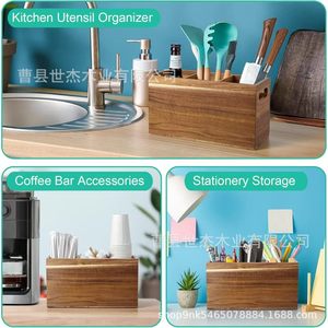 Organizador de Cocina de Madera, Caja Multifuncional con Divisores, Porta Utensilios de Escritorio, Artesanía en Madera Sólida - Product Image 3