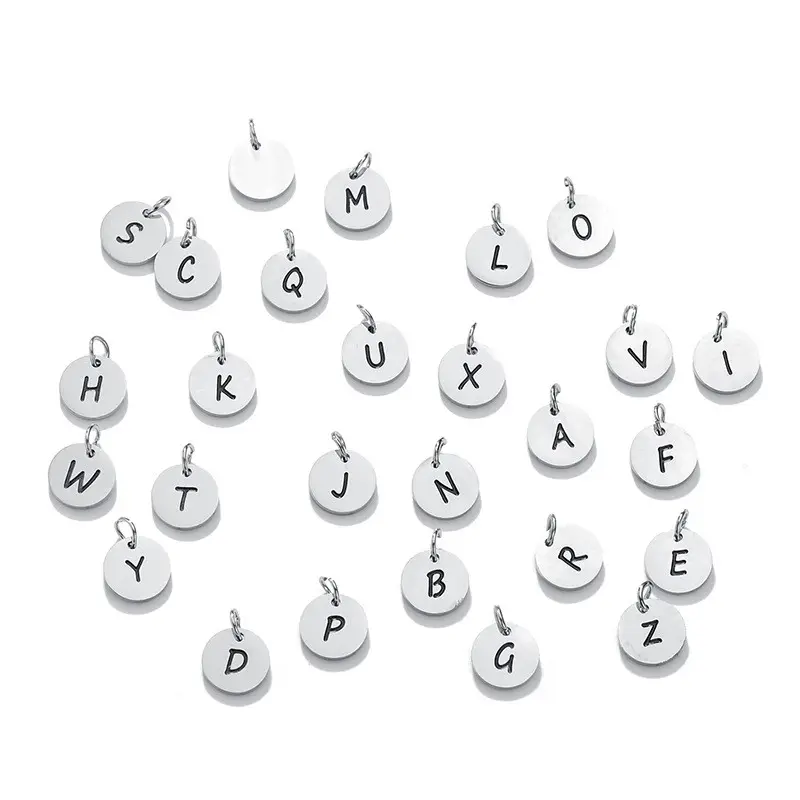 10MM engraved stainless steel initial letters A-Z with ink oil round disc charm alphabet pendants DIY making jewelry