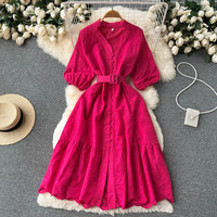 Robe Chemise Midi Décontractée d'Été en Coton Gaufré à Col en V, Manches Bulles, Boutonnée et Brodée de Dentelle, Marque Privée, pour Femme avec Ceinture