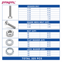 Kit d'assortiment de 325 boulons hexagonaux et boulons à col carré avec écrous, rondelles plates et rondelles de sécurité, zingués M5 M6 M8 pour fixation industrielle
