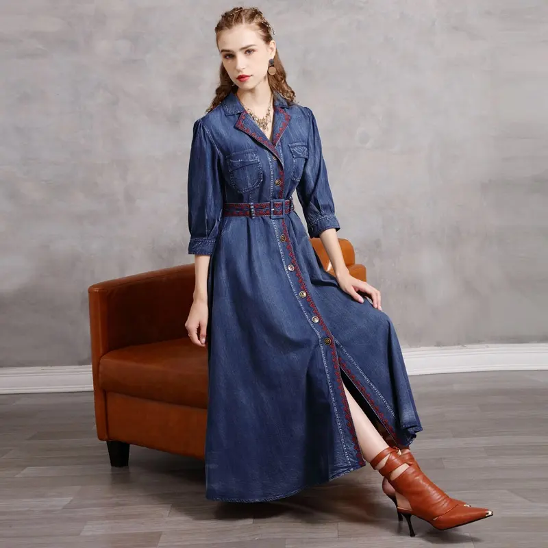 New Fashion Vintage Long Slim Maxi Dresses Waist Belt Embroidery Denim Dress Women