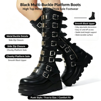 Bottes mi-mollet gothiques punk pour femme, avec plateforme, multi-boucles métalliques, fermeture éclair latérale, rehaussantes, tendance, vente en gros