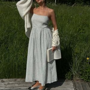 Nuevo Vestido Casual de Primavera, Personalizado, de Alta Calidad, Lino y Algodón Popelín, Color Liso, Tirantes Finos, Estilo Maxi - Product Image 1