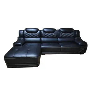 Grande divano moderno di lusso confortevole a forma di L soggiorno Chaise longue Set di divani in vera pelle nera a 3 posti